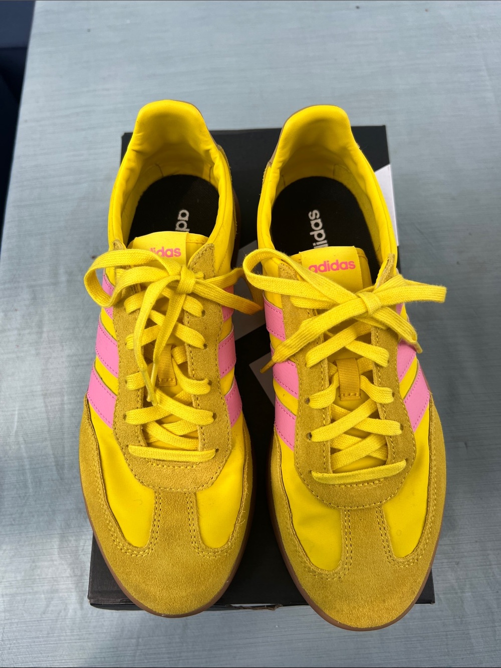 Adidas Yellow Sneakers with Pink Stripes and Gum Sole - Picture 3 of 6